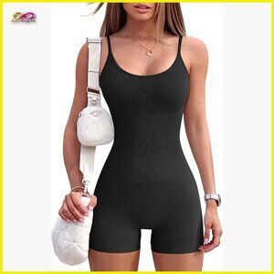 Seamless Ribbed Jumpsuit Yoga Workout Bodycon Romper Spaghetti Strap Shorts
